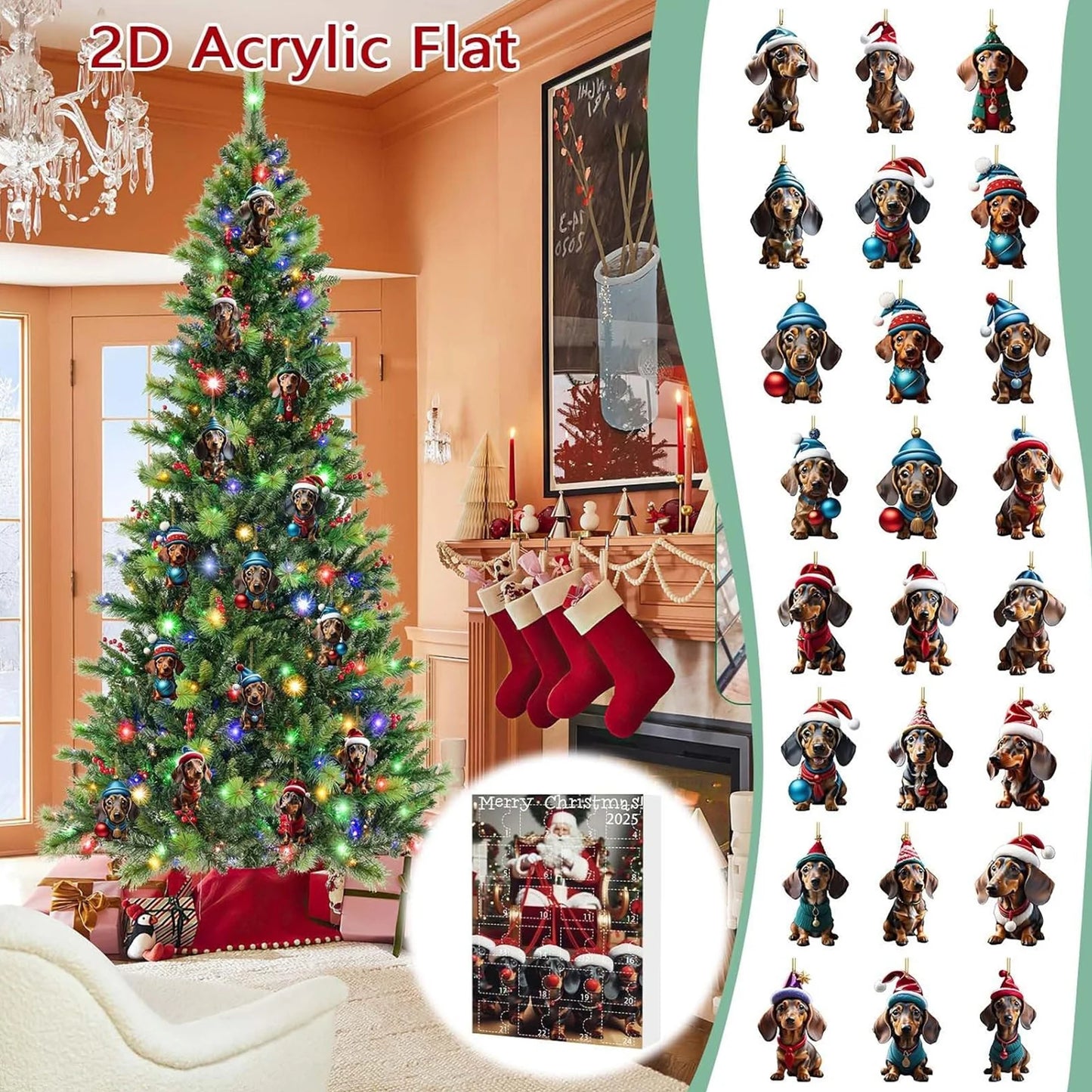 Adventskalender mit 24 süßen Acryl-2D-Dackelanhängern