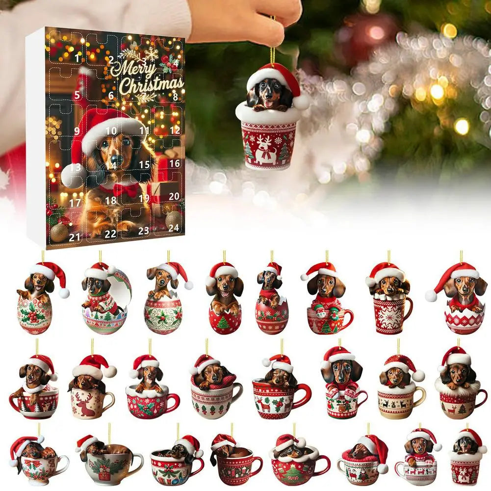 Adventskalender mit 24 2-D-Dackelanhängern in verschiedenen Ausführungen
