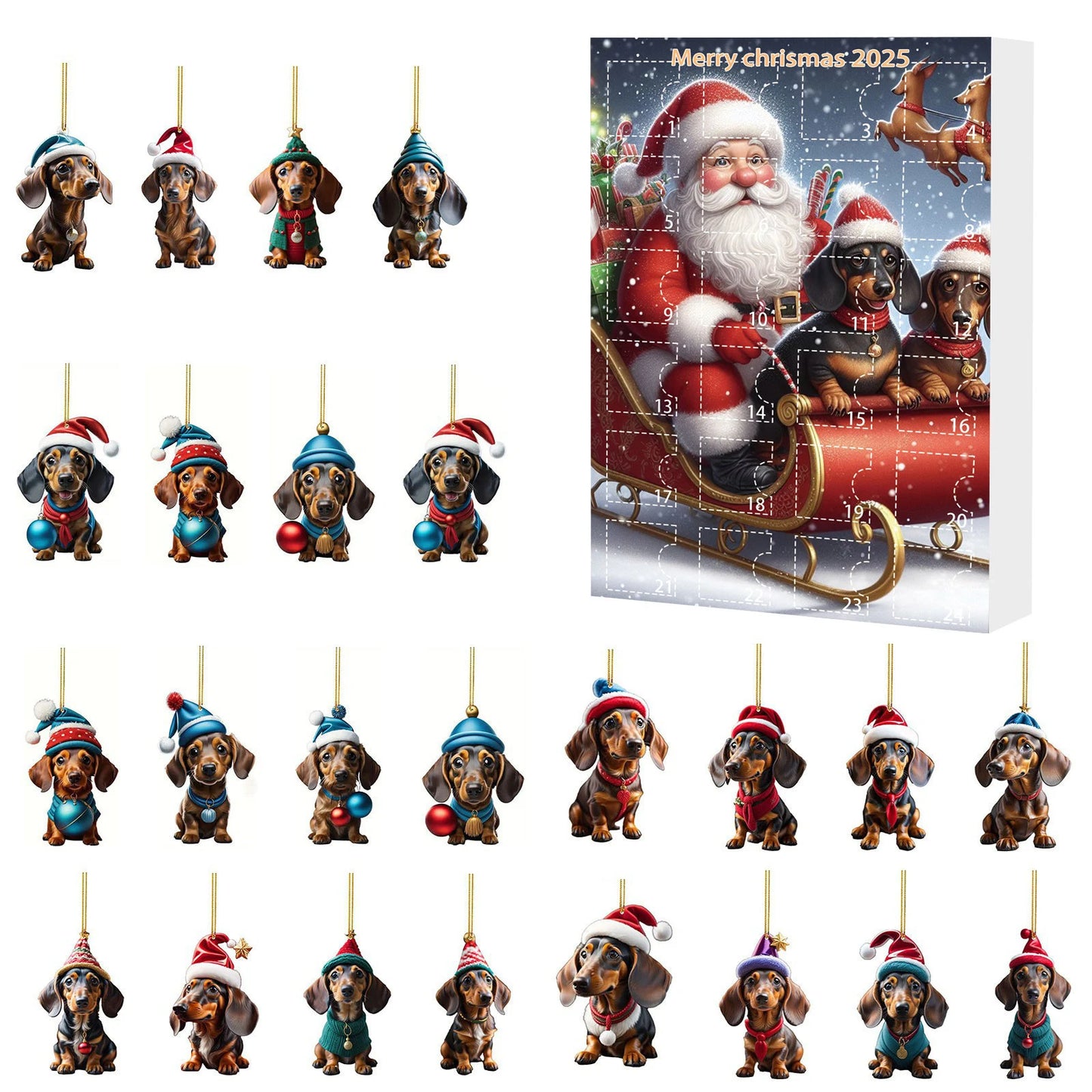 Adventskalender mit 24 süßen Acryl-2D-Dackelanhängern