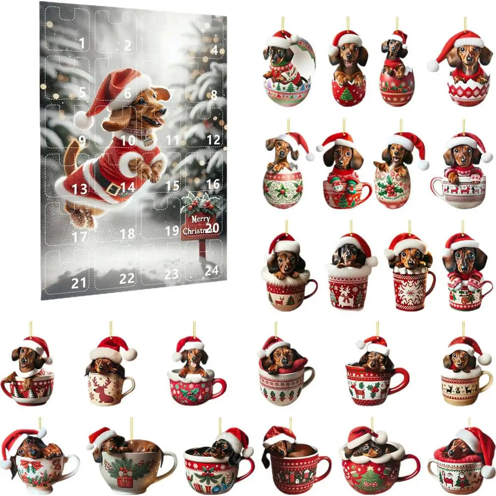 Adventskalender mit 24 2-D-Dackelanhängern in verschiedenen Ausführungen