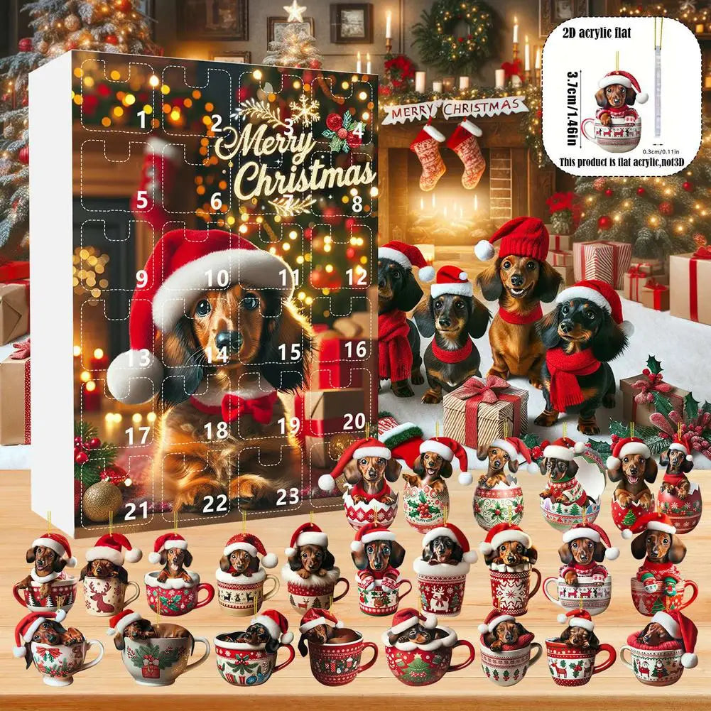 Adventskalender mit 24 2-D-Dackelanhängern in verschiedenen Ausführungen