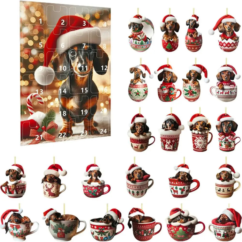 Adventskalender mit 24 2-D-Dackelanhängern in verschiedenen Ausführungen