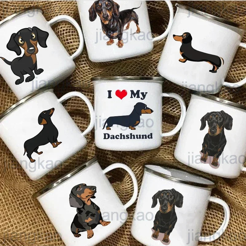 Tasse aus Emaille mit Dackelmotiv in zahlreichen Varianten verfügbar