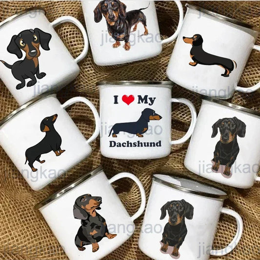 Tasse aus Emaille mit Dackelmotiv in zahlreichen Varianten verfügbar
