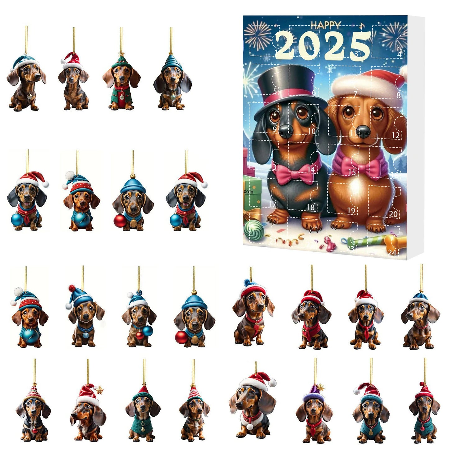 Adventskalender mit 24 süßen Acryl-2D-Dackelanhängern