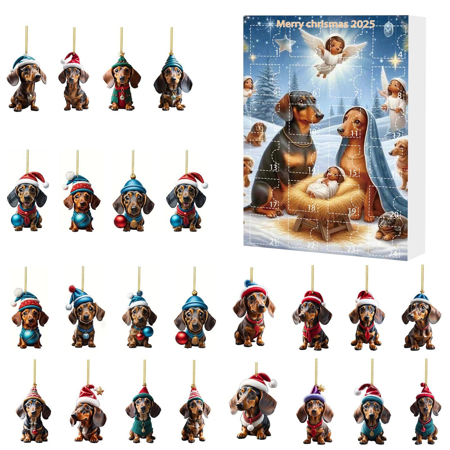 Adventskalender mit 24 süßen Acryl-2D-Dackelanhängern