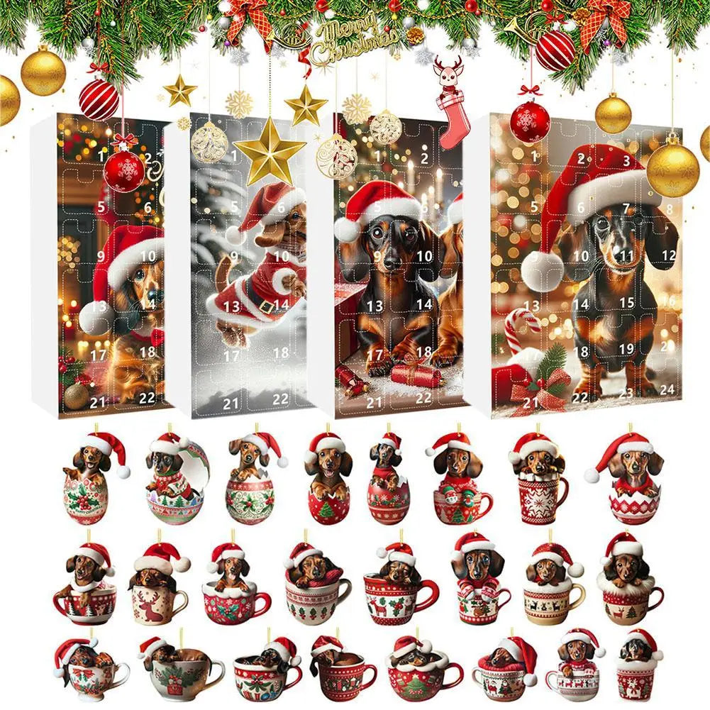 Adventskalender mit 24 2-D-Dackelanhängern in verschiedenen Ausführungen