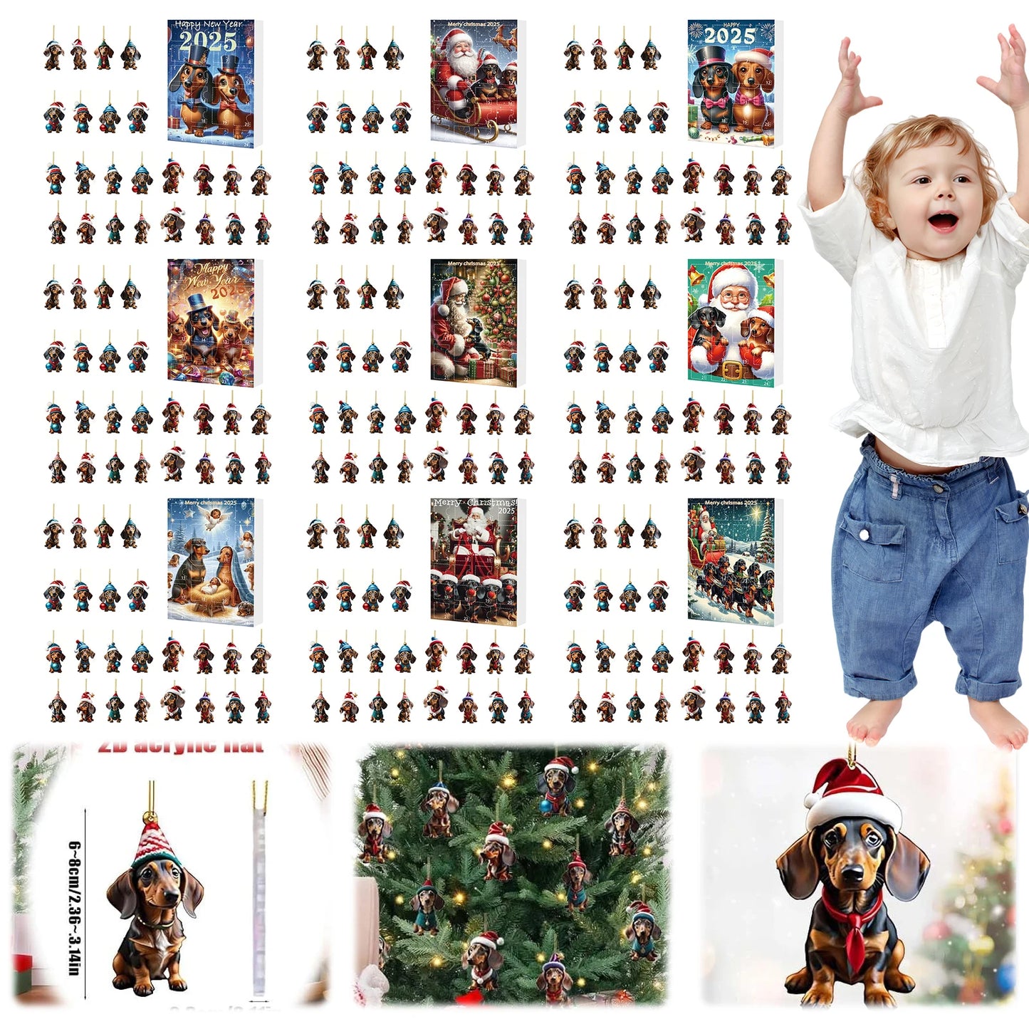 Adventskalender mit 24 süßen Acryl-2D-Dackelanhängern