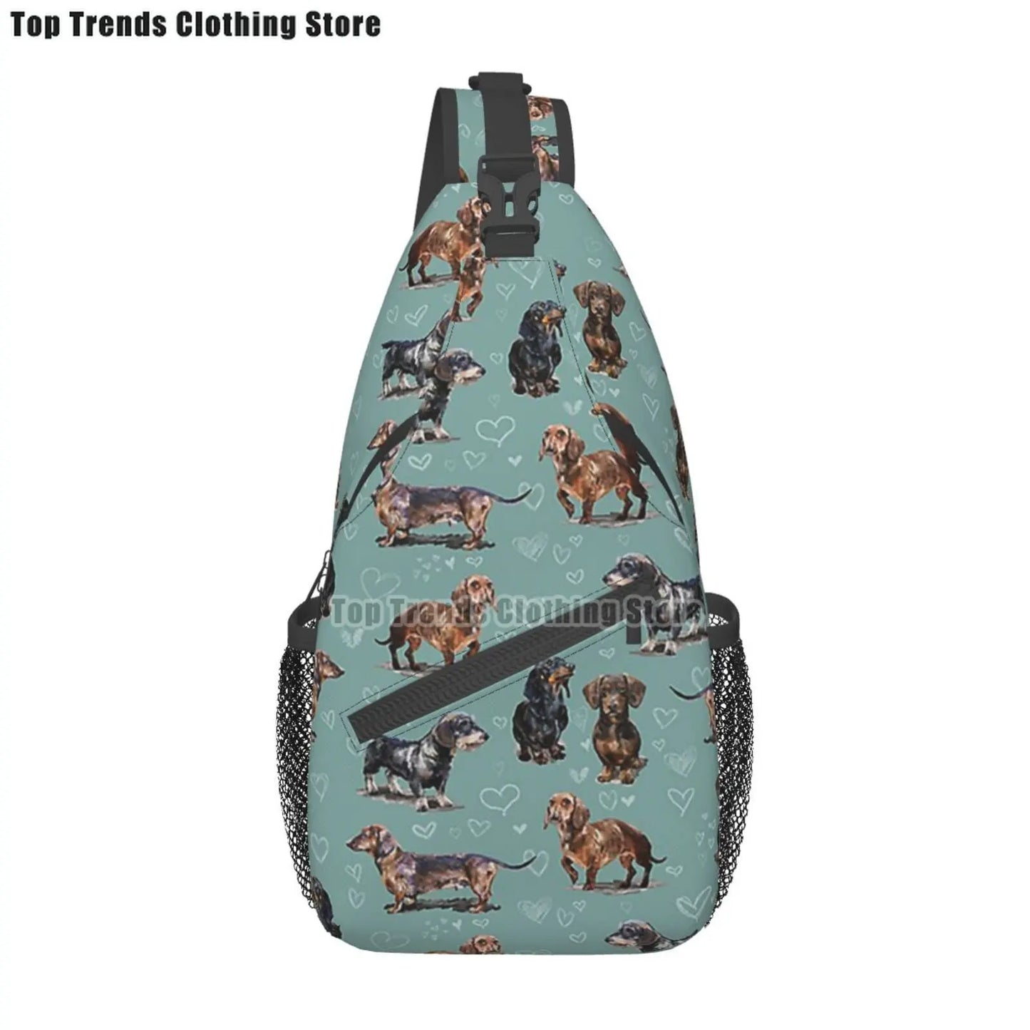 Rucksack mit über 30 verschiedenen Dackelmotiven