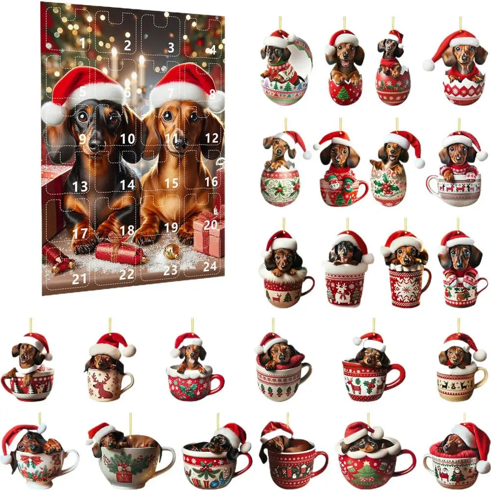 Adventskalender mit 24 2-D-Dackelanhängern in verschiedenen Ausführungen