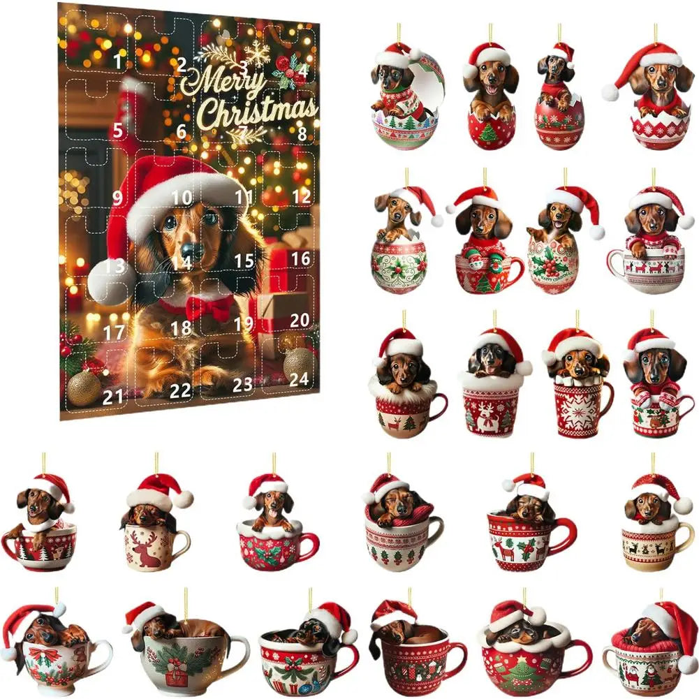 Adventskalender mit 24 2-D-Dackelanhängern in verschiedenen Ausführungen