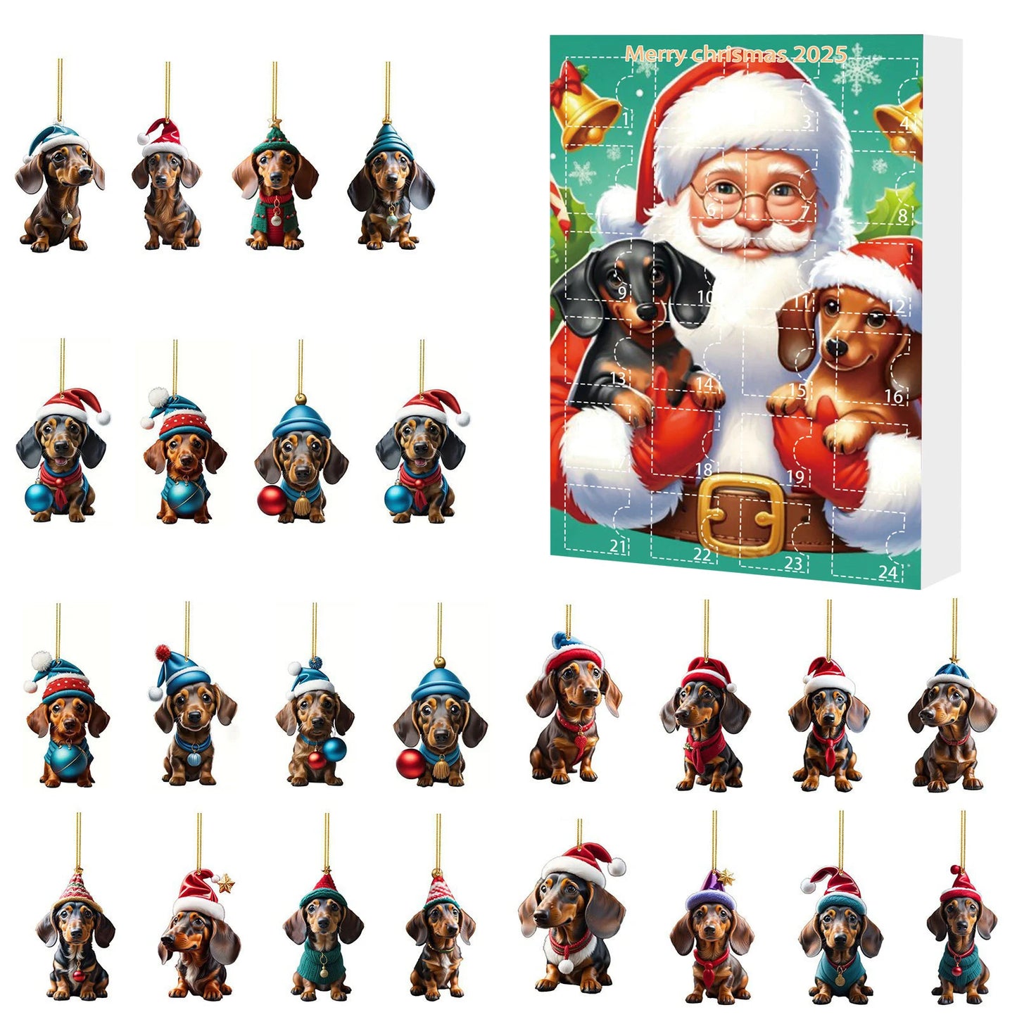 Adventskalender mit 24 süßen Acryl-2D-Dackelanhängern