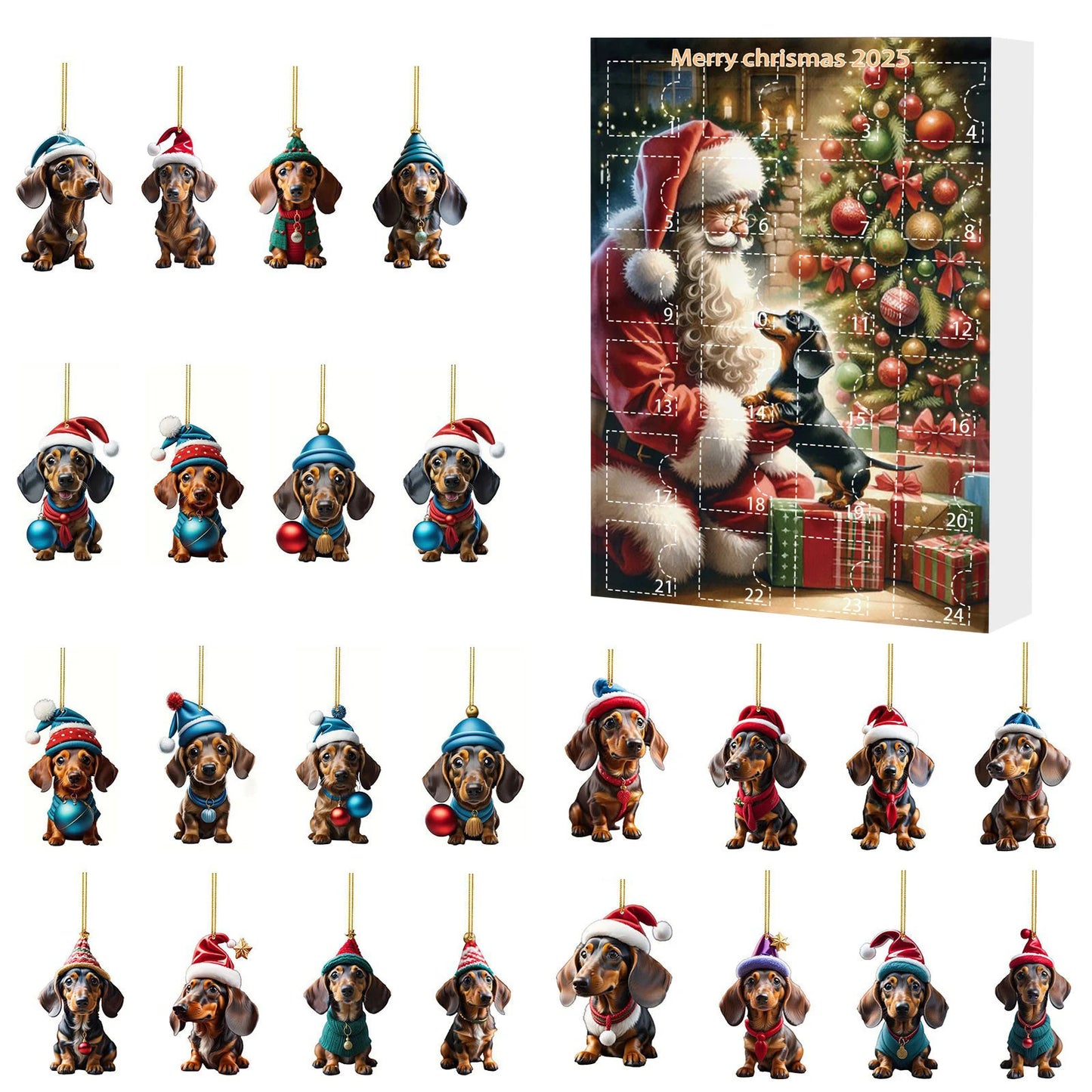 Adventskalender mit 24 süßen Acryl-2D-Dackelanhängern