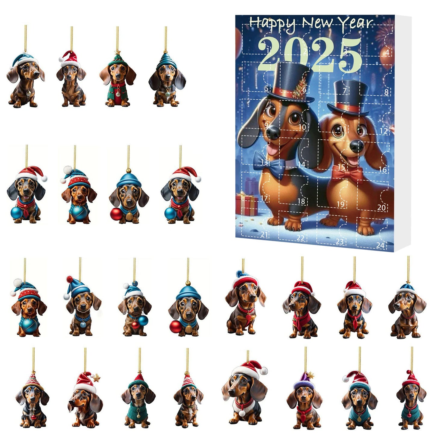 Adventskalender mit 24 süßen Acryl-2D-Dackelanhängern