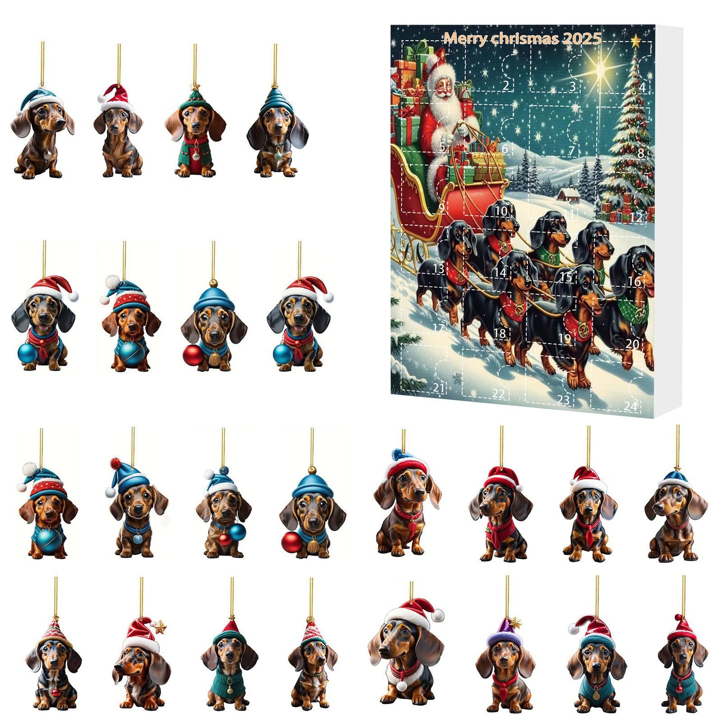 Adventskalender mit 24 süßen Acryl-2D-Dackelanhängern