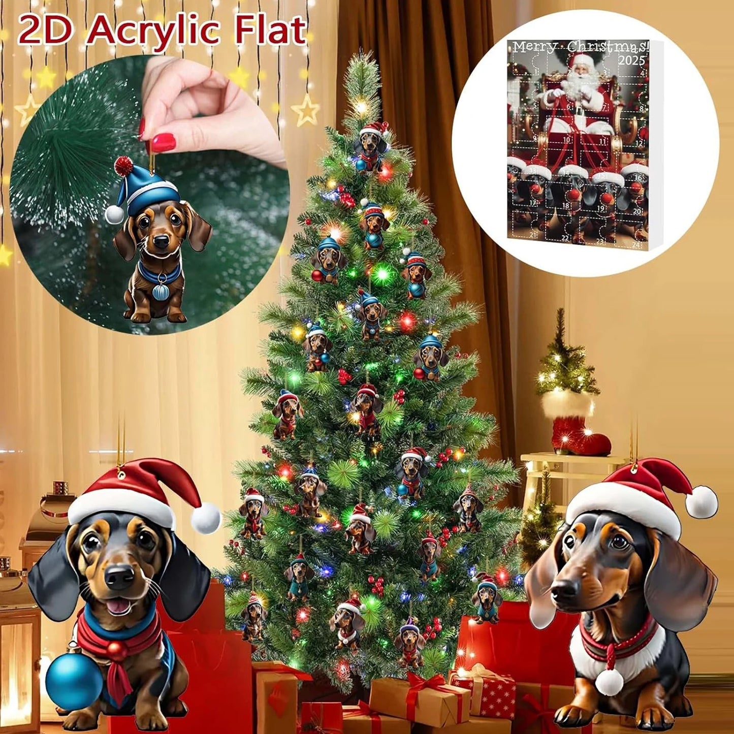 Adventskalender mit 24 süßen Acryl-2D-Dackelanhängern