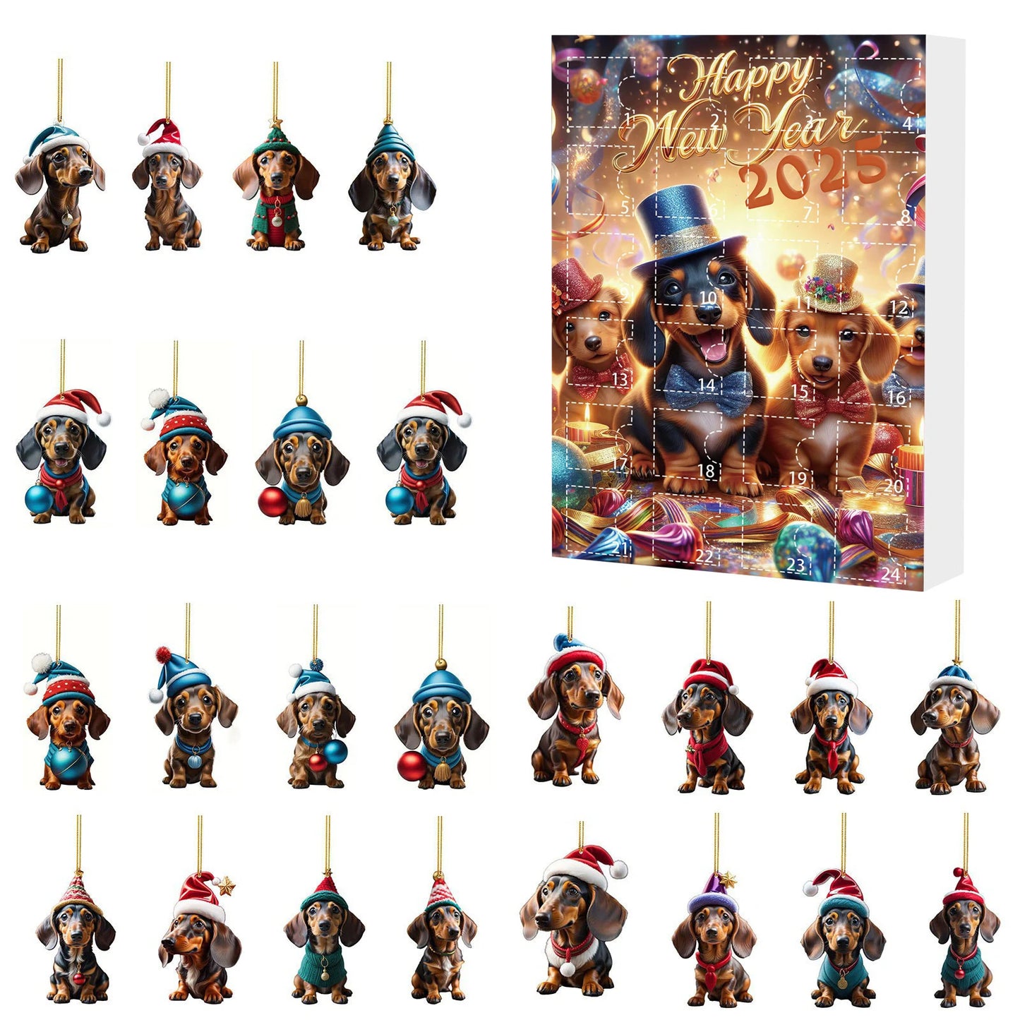 Adventskalender mit 24 süßen Acryl-2D-Dackelanhängern