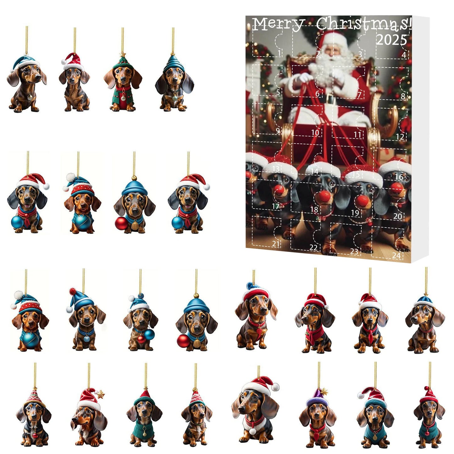 Adventskalender mit 24 süßen Acryl-2D-Dackelanhängern