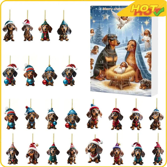 Adventskalender mit 24 süßen Acryl-2D-Dackelanhängern